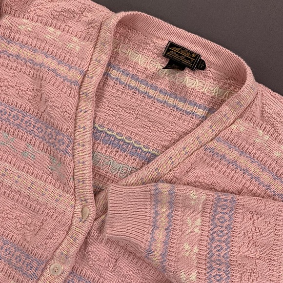 Eddie Bauer Sweaters - VTG Eddie Bauer Cardigan Sweater Women LG Pink Pastel Knit USA 90s Fair Isle